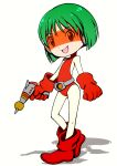  1girl bare_shoulders beeru_(veil8801) boots commentary_request deformed dokkoida energy_gun flat_chest full_body gloves green_hair highres holding_ray_gun leotard ray_gun red_boots red_eyes red_gloves red_leotard sakurazaki_kosuzu shadow short_hair simple_background solo tanpopo weapon white_background 