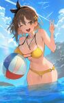  1girl ;d atelier_(series) atelier_ryza atelier_ryza_2 ball beachball bikini black_ribbon blue_sky breasts brown_eyes brown_hair cloud dutch_angle highres hood_(james_x) key_necklace large_breasts ocean one_eye_closed open_mouth reisalin_stout ribbon sky smile solo strap_gap swimsuit thigh_gap v wading water yellow_bikini 