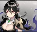  1girl alternate_hair_color armor ascot bangs black_armor black_hair black_hairband blue_cape breasts butterfly_hair_ornament cape cleavage closed_mouth commentary_request corrin_(fire_emblem) corrin_(fire_emblem)_(female) fire_emblem fire_emblem_fates grey_background hair_between_eyes hair_ornament hairband haru_(nakajou-28) large_breasts lips long_hair looking_at_viewer manakete pink_lips pointy_ears red_eyes shiny shiny_hair shoulder_armor solo upper_body wavy_hair white_neckwear 