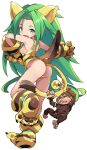  1girl :d animal animal_ears animal_hands animal_print ass cham_cham commentary_request forehead full_body gloves green_eyes green_hair highres karukan_(monjya) long_hair looking_at_viewer looking_back monkey no_panties paw_gloves paw_shoes samurai_spirits shoe_soles short_eyebrows simple_background smile solo standing standing_on_one_leg tail thick_eyebrows tiger_print very_long_hair white_background yellow_gloves 