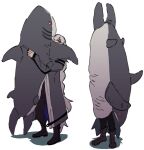  2girls arknights black_footwear black_pants coat full_body grey_coat grey_hair long_hair looking_at_viewer multiple_girls multiple_views object_hug pants parody photo-referenced red_eyes shadow shark simple_background skadi_(arknights) sleeping_bag specter_(arknights) standing stuffed_animal stuffed_shark stuffed_toy wandering_sarkaz white_background 