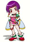  1girl angel_links beeru_(veil8801) breasts cleavage closed_mouth commentary_request deformed dress earrings full_body highres jewelry legs_apart li_meifon medium_breasts pink_dress purple_hair red_eyes shadow short_dress short_hair simple_background smile solo sphere_earrings split_mouth standing tassel tassel_earrings thick_eyebrows white_background 
