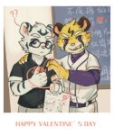  ainro anthro baseball_uniform blue_eyes bottomwear chalkboard clothing duo elysium_above eyewear felid fur fur_markings glasses guang_yuan hair heart_symbol hi_res holidays jue_ming looking_at_viewer male mammal markings pantherine pants photo purple_eyes school selfie shirt smile sportswear teeth tiger topwear uniform valentine's_day white_body white_fur yellow_body yellow_fur 