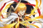  1boy 22nae2 bleach bleach:_brave_souls commentary_request floating_hair hair_between_eyes highres holding holding_sword holding_weapon katana korean_commentary kurosaki_ichigo kurosaki_ichigo_(brave_souls_10th_anniversary) long_hair looking_at_viewer male_focus orange_hair parted_lips short_hair simple_background solo sword weapon white_background yellow_eyes zanpakutou 