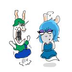 1:1 2022 anthro bangs black_eyes blue_clothing blue_dress blue_hair blue_overalls bodily_fluids buckteeth button_(fastener) clothed clothed_anthro clothed_female clothed_male clothing colored crossover derp_eyes digital_drawing_(artwork) digital_media_(artwork) dress duo ellipsis eyelashes female female_anthro flat_chested fully_clothed fully_clothed_anthro fully_clothed_male fur ghost green_clothing green_hat green_headwear green_shirt green_topwear hair half-closed_eyes hat headgear headwear hybrid japanese_description jumping lagomorph legless long_ears long_hair looking_at_another male male_anthro mammal mario_bros mario_plus_rabbids_kingdom_battle mario_plus_rabbids_sparks_of_hope midair midnite_(mario_plus_rabbids) mitten_hands mouth_closed narrowed_eyes nervous nervous_sweat nintendo noseless open_mouth osirisky overalls purple_eyelids rabbid rabbid_luigi raving_rabbids rayman_(series) scared shaded shirt sideways_hat simple_background spirit squint sweat sweaty_face tan_eyelids tan_inner_ear teeth topwear ubisoft white_background white_body white_fur