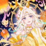  1girl aerial_fireworks antlers aqua_ribbon bare_shoulders blue_eyes chinese_clothes chinese_commentary chinese_new_year choker chroma's_mortal_heart_(infinity_nikki) closed_mouth commentary_request deer_antlers detached_sleeves dot_nose dress earrings facial_mark fireworks forehead_mark gold_choker gold_earrings gold_necklace gradient_eyes hair_ornament hair_ribbon halftone halo halo_behind_head happy highres horns infinity_nikki jewelry lantern lipstick long_hair long_sidelocks long_sleeves looking_ahead makeup multicolored_eyes necklace ni_zhe_bai_chifan_de_mao! night nikki_(series) outdoors outline paper_lantern pink_lips ribbon sidelocks sky sleeves_past_fingers sleeves_past_wrists smile solo star_(sky) starry_sky strapless strapless_dress textless_version upper_body very_long_hair white_hair wide_sleeves yellow_dress yellow_eyes yellow_halo yellow_horns yellow_outline yellow_sleeves 