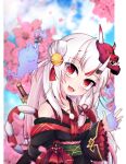  1girl :d bare_shoulders blurry blurry_background cherry_blossoms collarbone eyebrows_visible_through_hair highres hololive horns long_hair long_sleeves looking_at_viewer nakiri_ayame off_shoulder oni open_mouth red_eyes shen_li smile solo virtual_youtuber white_hair wide_sleeves 