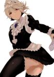  1boy alternate_costume ass blonde_hair commentary_request contrapposto corrin_(fire_emblem) corrin_(fire_emblem)_(male) crossdressing dagger fire_emblem fire_emblem_fates frills from_below highres knife maid maid_headdress male_focus miniskirt otoko_no_ko pointy_ears red_eyes simple_background skirt thighhighs twisted_torso w_(1999_kyu) weapon white_background 