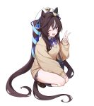  1girl absurdres animal_ears astra_chichi beret black_socks blue_bow blue_eyes blue_nails blue_ribbon blush bow breasts brown_cardigan brown_hair cardigan collared_shirt ear_covers hair_between_eyes hat highres horse_ears horse_girl horse_tail long_hair looking_at_viewer mole mole_under_eye multicolored_hair one_eye_closed open_mouth ribbon shirt shoes simple_background single_ear_cover smile socks solo squatting streaked_hair tail twintails umamusume v vivlos_(umamusume) white_background white_hat white_shirt 