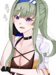  breasts choker cleavage commentary_request e69465 fingerless_gloves gloves green_eyes hairband hand_on_own_face heaven_burns_red highres long_hair mole mole_under_mouth murofushi_risa open_mouth purple_eyes simple_background 