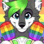 absurd_res anthro black_nose blue_eyes canid canine ear_tuft food fox fur green_body green_fur green_hair green_pawpads green_paws grey_body grey_fur hair hi_res kory_the_fox lgbt_pride looking_at_viewer male mammal pawpads popsicle pride_color_background pride_color_flag pride_color_popsicle pride_colors rainbow rainbow_background rainbow_popsicle simple_background smile smiling_at_viewer sparkles sparkling_eyes tuft vampybooxo white_body white_fur white_paws