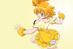  1girl blonde_hair bow breasts brown_eyes choker cleavage cure_pine downblouse earrings fresh_precure! fuchi_(nightmare) gradient gradient_background hair_bow hair_ornament heart heart_earrings heart_hair_ornament high-waist_skirt jewelry layered_skirt medium_breasts medium_hair miniskirt open_mouth orange_bow orange_choker pleated_skirt precure shiny shiny_hair shirt short_sleeves side_ponytail skirt solo standing standing_on_one_leg v-shaped_eyebrows white_background wrist_cuffs yamabuki_inori yellow_background yellow_shirt yellow_skirt 