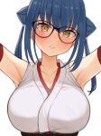  1girl armpits arms_up black-framed_eyewear blue_hair breasts brown_eyes cleavage collarbone eyebrows_visible_through_hair glasses highres japanese_clothes large_breasts lips long_hair looking_at_viewer miko nijisanji parted_lips solo tyoko_tanuki16 upper_body virtual_youtuber yamagami_karuta 