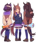  3girls animal_ears arms_behind_back blue_cardigan blush bouquet bow bowtie braid brown_cardigan brown_hair cardigan carrot closed_eyes closed_mouth commentary_request ear_bow ear_ribbon el_condor_pasa_(umamusume) flower grass_wonder_(umamusume) hair_between_eyes half_up_braid highres holding holding_bouquet horse_ears horse_girl horse_tail long_hair long_sleeves multicolored_hair multiple_girls party_popper pleated_skirt ponytail purple_bow purple_shirt purple_skirt purple_thighhighs sailor_collar sailor_shirt school_uniform shirt shoes short_hair skirt smile special_week_(umamusume) tail teddy_(takarada) thighhighs tracen_school_uniform two-tone_hair umamusume white_bow white_bowtie white_hair 