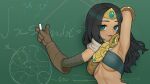 1girl armpits black_hair blue_eyes breasts brown_gloves chalkboard gloves hand_up highres holding_chalk league_of_legends looking_at_viewer medium_breasts parted_lips pointing sivir sling_bikini_top smile solo sparrowl underboob upper_body 