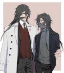  2boys black_hair black_jacket bleach bleach:_sennen_kessen-hen coat coat_on_shoulders commentary_request enpissi facial_hair grey_sweater hand_in_pocket height_difference jacket kurosaki_ichigo long_hair male_focus mask mouth_mask multiple_boys mustache mutton_chops pentacle quincy_(bleach) red_eyes red_vest saigo_no_getsuga_tenshou smile sweater turtleneck turtleneck_sweater vest yhwach 