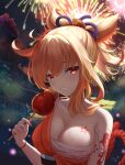  1girl absurdres areola_slip areolae blonde_hair blurry blush bracelet breasts candy_apple commentary_request depth_of_field fireworks food genshin_impact hair_between_eyes highres japanese_clothes jewelry kimono large_breasts long_hair looking_at_viewer mu_xue_(1024612186) night obi outdoors red_hair sash signature solo tattoo tied_hair upper_body yoimiya_(genshin_impact) yukata 