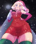  1girl blonde_hair blue_eyes breasts commentary_request dress elbow_gloves gloves green_thighhighs h_renah hat highres medium_breasts medium_hair nail_polish open_mouth pokemon pokemon_xy purple_nails red_dress red_gloves red_hat santa_costume santa_dress santa_hat serena_(pokemon) solo thighhighs zettai_ryouiki 