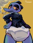  anthro bea_santello cigarette clean_diaper clothed clothing diaper female hi_res kathomu looking_at_viewer looking_down low-angle_view night_in_the_woods rear_view scalie simple_background solo topwear wearing_diaper 