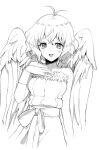  1girl antenna_hair blush breasts dress feathered_wings greyscale harpy_(puyopuyo) looking_at_viewer monochrome murata_tefu open_mouth puyopuyo short_hair simple_background smile solo white_background wings wristband 