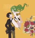  1boy 1girl animal_print bare_shoulders bikini black_hair boots bouquet briefcase commentary_request flower gakuran green_hair highres holding holding_another's_waist holding_briefcase jewelry long_hair looking_at_another lum midriff moroboshi_ataru nana077 navel oni red_flower red_rose ring ring_box rose school_uniform short_hair swimsuit tiger_print urusei_yatsura yellow_background yellow_bikini yellow_boots 