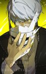  1boy ben-day_dots black_jacket commentary_request highres holding holding_mask jacket long_sleeves male_focus mask narukami_yu open_clothes open_collar open_jacket ore_iuse persona persona_4 school_uniform screentones shadow_yu shirt solo upper_body watermark white_hair white_shirt yasogami_school_uniform yellow_eyes 