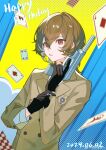  1boy absurdres ace_(playing_card) ace_of_diamonds ace_of_hearts ace_of_spades akechi_gorou bisho_imobing_hito black_gloves brown_coat brown_eyes brown_hair card coat commentary_request dated diamond_(shape) four_of_hearts gloves gun handgun happy_birthday heart highres holding holding_gun holding_weapon long_sleeves looking_at_viewer male_focus persona persona_5 playing_card short_hair solo spade_(shape) upper_body weapon 