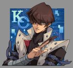 1boy arm_belt belt belt_buckle blue_belt blue_eyes border brown_hair buckle card commentary_request cropped_torso grey_border hair_over_one_eye highres holding holding_card jacket jewelry kaiba_seto long_sleeves male_focus multicolored_jacket necklace one_eye_covered open_mouth red_jacket saka_nagiya sanpaku solo turtleneck two-tone_jacket upper_body white_jacket yu-gi-oh! yu-gi-oh!_duel_monsters 