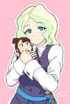  1girl aqua_eyes blonde_hair blue_eyes closed_mouth collared_shirt dated diana_cavendish doll doll_hug dress eyebrows_visible_through_hair green_hair kagari_atsuko little_witch_academia long_hair long_sleeves looking_at_viewer luna_nova_school_uniform multicolored_hair pink_background purple_dress school_uniform shirt signature simple_background smile solo streaked_hair tsukudani_(coke-buta) two-tone_hair upper_body white_shirt 