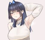  1girl arm_up armpit_focus armpits bare_shoulders blue_bow blue_bowtie blue_eyes blue_hair blue_streaks blunt_bangs blunt_ends blunt_sidelocks blush bow bowtie breasts closed_mouth detached_sleeves embarrassed hair_behind_ear hair_intakes half-closed_eyes hashtag-only_commentary highres hime_cut hololive hololive_english large_breasts long_hair looking_at_another no_jacket nurizza_ilst ouro_kronii ouro_kronii_(casual) presenting_armpit raised_eyebrow sidelocks sleeveless sleeveless_sweater sleeveless_turtleneck solo sweat sweater sweaty_armpits turtleneck turtleneck_sweater upper_body virtual_youtuber white_sweater 