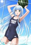  1girl aoki_hagane_no_arpeggio bangs blunt_bangs character_name competition_swimsuit food fruit green_eyes highres hime_cut holding iona itsuki_sayaka long_hair name_tag old_school_swimsuit one-piece_swimsuit school_swimsuit sidelocks silver_hair solo sun swimsuit water watermelon 