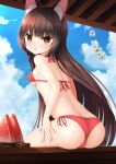  1girl animal_ear_fluff animal_ears ass azur_lane bangs bikini blunt_bangs breasts brown_eyes brown_hair butt_crack cloud food fox_ears from_behind fruit hand_on_own_thigh highres long_hair looking_at_viewer looking_back nagato_(azur_lane) nc731 open_mouth outdoors red_bikini side-tie_bikini sideboob sitting sky small_breasts solo sweat swimsuit very_long_hair watermelon wind_chime 