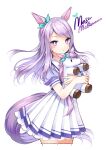  1girl animal_ears aqua_ribbon character_name cuteg ear_ribbon eyebrows_visible_through_hair holding holding_stuffed_toy horse_ears horse_girl horse_tail long_hair looking_at_viewer mejiro_mcqueen_(umamusume) pleated_skirt purple_eyes purple_hair ribbon school_uniform short_sleeves skirt solo stuffed_horse stuffed_toy tail tracen_school_uniform umamusume upper_body white_background 