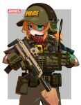 1girl absurdres bandana baseball_cap black_shirt blue_eyes blush border brown_gloves brown_pants closed_mouth cowboy_shot ear_protection freckles gloves green_hat grey_background gun h&amp;k_mp7 hair_between_eyes hat headset highres holding holding_gun holding_weapon iwasawayuki orange_hair original pants police ponytail shirt short_sleeves solo submachine_gun trigger_discipline weapon white_border 