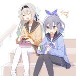  2girls absurdres alternate_costume aqua_hair bento black_hairband black_pantyhose black_sailor_collar black_skirt blush bow brown_skirt commentary_request crossed_bangs drill_hair drill_ponytail facing_viewer feet_out_of_frame firefly_(honkai:_star_rail) gradient_hair green_eyes grey_hair hair_between_eyes hair_bow hair_ornament hairband hairclip handheld_game_console highres holding holding_handheld_game_console honkai:_star_rail honkai_(series) long_hair long_sleeves multicolored_hair multiple_girls neckerchief open_clothes open_mouth orange_neckerchief outdoors pantyhose purple_neckerchief sailor_collar school_uniform serafuku silver_wolf_(honkai:_star_rail) simple_background sitting sitting_on_stairs skirt smile stairs sweat thighhighs uwasewau white_background white_thighhighs 