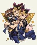  2boys belt black_belt black_shirt blonde_hair blue_pants bracelet commentary_request cropped_legs crossed_arms crossed_legs duel_monster eye_contact highres jewelry kuriboh looking_at_another looking_to_the_side male_focus multicolored_hair multiple_boys muto_yugi open_mouth pants purple_eyes purple_hair saka_nagiya shirt sideways_glance sitting sleeveless sleeveless_shirt smile spiked_hair star_(symbol) studded_belt two-tone_hair white_background yami_yugi yu-gi-oh! yu-gi-oh!_duel_monsters 