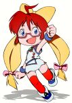  1girl :d ahoge arm_up beeru_(veil8801) blue_eyes bow clenched_hands commentary_request deformed full_body glasses hair_bow highres mito_(uchuu_kaizoku_mito_no_daibouken) open_mouth pink-framed_eyewear red_hair red_thighhighs semi-rimless_eyewear shadow short_hair simple_background smile solo thighhighs uchuu_kaizoku_mito_no_daibouken under-rim_eyewear white_background yellow_bow 