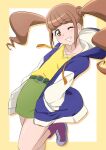 1girl bangs belt_buckle border brown_eyes brown_hair buckle collarbone eyebrows_visible_through_hair floating_hair fuchi_(nightmare) green_belt green_skirt grin hands_in_pocket healin&#039;_good_precure highres hiramitsu_hinata hood hood_down hooded_jacket jacket long_hair looking_at_viewer miniskirt one_eye_closed open_clothes open_jacket outside_border pencil_skirt precure purple_footwear shadow shiny shiny_hair shiny_skin shirt sketch skirt smile solo standing standing_on_one_leg twintails very_long_hair white_background yellow_border yellow_shirt 