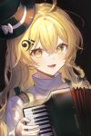  1girl accordion alternate_headwear black_bow black_hat blonde_hair bow braid commentary_request fang hair_bow hair_ornament hat highres holding holding_instrument instrument kirisame_marisa korean_commentary long_hair looking_at_viewer mini_hat open_mouth partial_commentary side_braid single_braid skin_fang smile solo sp0i0ppp top_hat touhou yellow_eyes 