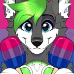 absurd_res anthro bisexual_pride_colors black_nose blue_eyes canid canine ear_tuft fox fur green_body green_fur green_hair green_pawpads green_paws grey_body grey_fur hair hi_res kory_the_fox lgbt_pride looking_at_viewer male mammal pawpads pride_color_background pride_color_flag pride_color_popsicle pride_colors simple_background smile smiling_at_viewer solo sparkles sparkling_eyes tuft vampybooxo white_body white_fur