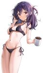  1girl absurdres bare_arms bare_shoulders black_bra black_choker black_panties bra breasts choker closed_mouth coffee_mug cowboy_shot cup expressionless hand_up harusame_(user_wawj5773) highres holding long_legs looking_at_viewer medium_breasts medium_hair mole mole_on_stomach mole_on_thigh mug navel one_side_up original panties purple_eyes purple_hair side-tie_panties simple_background solo stomach string_bra string_panties thighs underwear underwear_only white_background 