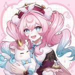  1girl 7fan absurdres aqua_eyes aqua_hair beret commentary_request crown feathers gradient_hair hair_between_eyes hair_intakes hat highres holding honkai:_star_rail honkai_(series) hyacine_(honkai:_star_rail) little_ica_(honkai:_star_rail) long_hair long_sleeves looking_at_viewer mini_crown multicolored_hair open_mouth pink_hair pink_nails red_hat smile upper_body white_feathers 