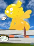  absurd_res anthro antlers butt cartoon_network caught_in_the_act detailed_background dialogue embarrassed english_text eyelashes fairy feces feces_in_ass female fence hi_res horn humiliation long_eyelashes looking_back penny_fitzgerald pooping pooping_on_floor public public_humiliation public_pooping sitting_on_fence solo tear_trough text the_amazing_world_of_gumball thedispenser69 wings 