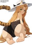  1girl animal_ears arknights ass ass_focus bangs bare_arms bare_shoulders barefoot blush brown_hair cameltoe ett feet from_behind green_eyes hat highres looking_at_viewer looking_back parted_bangs parted_lips paw_print simple_background soles solo swire_(arknights) tail tiger_ears tiger_girl tiger_tail toes white_background white_headwear 