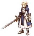  1girl :| absurdres ahoge armor armored_dress artoria_pendragon_(fate) blonde_hair blouse braid braided_bun closed_mouth expressionless fate/grand_order fate_(series) final_fantasy final_fantasy_tactics gauntlets green_eyes hair_bun hair_ribbon highres holding holding_sword holding_weapon legs_apart looking_ahead no_nose parody raphael_nava ribbon saber sidelocks simple_background skirt solo standing style_parody sword type-moon weapon white_background yoshida_akihiko_(style) 