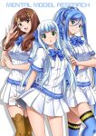  3girls aoki_hagane_no_arpeggio blue_eyes blue_hair brown_eyes brown_hair green_eyes highres hime_cut hyuuga_(aoki_hagane_no_arpeggio) iona itsuki_sayaka multiple_girls school_uniform shirt sidelocks silver_hair skirt takao_(aoki_hagane_no_arpeggio) thighhighs white_shirt 