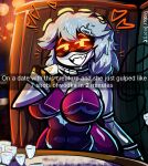 :3 accessory alcohol artist_name backless_dress bare_shoulders beer_belly belly beverage big_breasts black_body blush blush_lines booth breasts caption caption_box chair clothing container cup cute_fangs date date_pov diddlydooter1 digital_drawing_(artwork) digital_media_(artwork) disassembly_drone dress drinking_glass earless emphasis_lines fangs female first_person_view furniture glass glass_container glass_cup glitch_productions glowing glowing_eyes grey_body grey_hair hair hair_accessory hairclip hand_under_chin hazard_stripes headband heart_symbol hearts_around_head huge_breasts humanoid looking_at_viewer loveseat machine metal metallic_body murder_drones noseless number offscreen_character on_chair open_mouth open_smile proud red_clothing red_dress robot robot_humanoid romantic romantic_ambiance segmented_body sharp_teeth short_hair shot_glass signature simple_background sitting sitting_on_chair slightly_chubby smile smug smug_face smug_grin snapchat solo tail teeth text thick_thighs unusual_anatomy v_(murder_drones) vodka white_body white_text wide_hips yellow_eyes