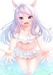  1girl absurdres animal_ears aqua_bow bare_shoulders bikini blush bow breasts collarbone commentary_request daichi_(hayate1328) ear_bow ear_ribbon frilled_bikini frills highres horse_ears horse_girl long_hair looking_at_viewer mejiro_mcqueen_(umamusume) navel open_mouth outstretched_arms purple_eyes purple_hair small_breasts smile solo stomach swimsuit umamusume water white_bikini 
