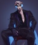 2025 5_fingers anthro biped blue_eyes bottomwear bulge claws clothed clothed_anthro clothed_male clothing detailed_bulge digital_drawing_(artwork) digital_media_(artwork) ear_piercing felid feline finger_claws fingers front_view fully_clothed fully_clothed_anthro fully_clothed_male furlana genital_outline hair hi_res looking_at_viewer male mammal penis_outline piercing simple_background sitting solo tail topwear