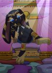 2026 3_toes absurd_res anklet anthro armlet big_ears biped black_body black_ears black_fur blonde_eyelashes blue_bottomwear blue_clothing bottomwear breasts chair clothed clothed_anthro clothed_female clothing crossed_legs decorative_scarab egyptian egyptian_clothing eyelashes feet female female_anthro floppy_ears fur furniture gold_anklet gold_armlet h1draw half-closed_eyes hi_res hieroglyphic_text jewelry lagomorph leaning leaning_sideways leporid looking_at_viewer lop_ears mammal mouth_closed multicolored_body multicolored_ears multicolored_fur narrowed_eyes nefi_(waketab) pillow pink_inner_ear plantigrade purple_pillow rabbit side_boob signature sitting skimpy small_breasts soles solo throne toes topwear two_tone_body two_tone_ears two_tone_fur usekh white_clothing white_topwear yellow_body yellow_ears yellow_fur yellow_nose